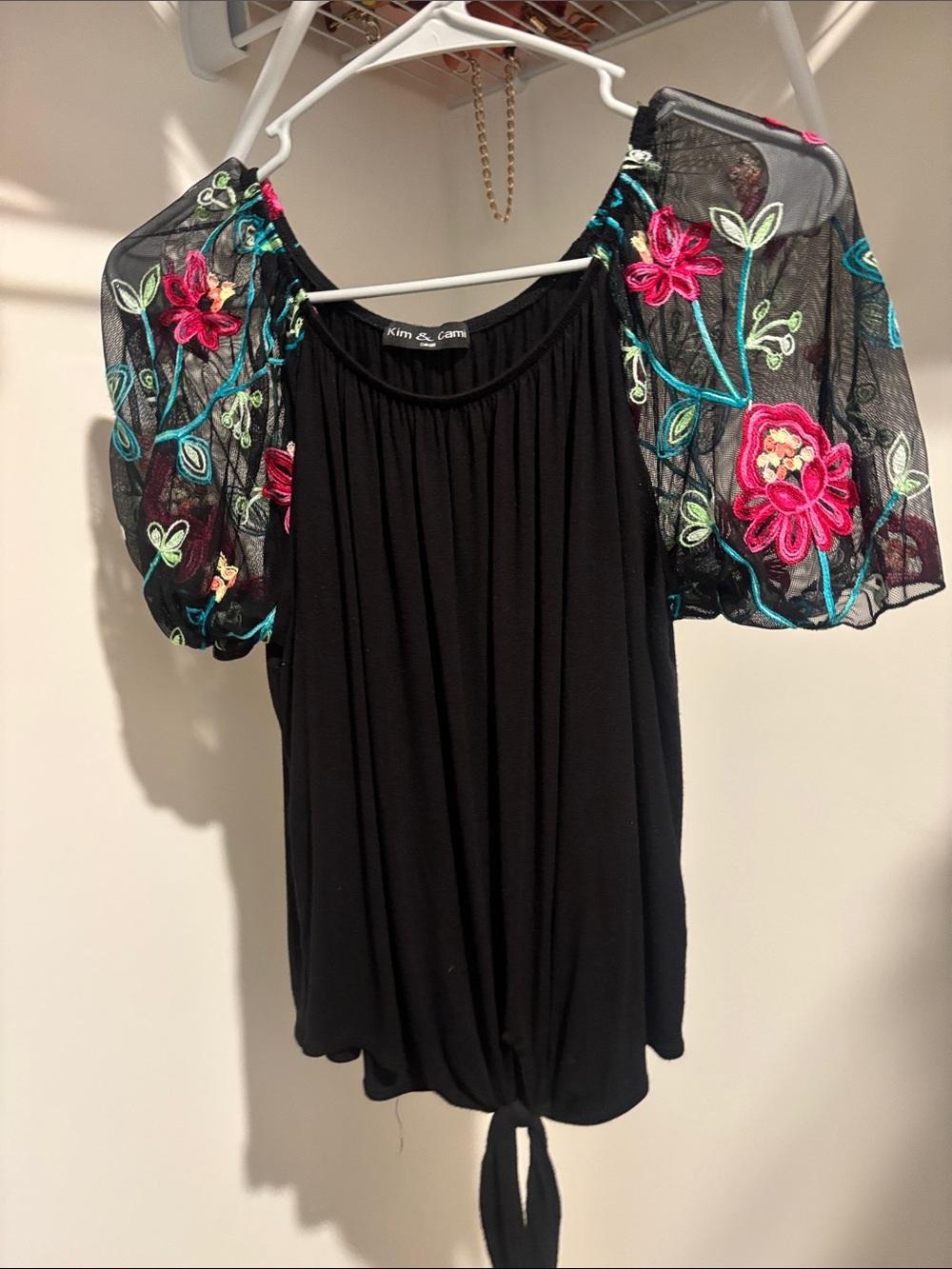 Kim & Cami Black Top with Embroidered Sheer Puff Sleeves